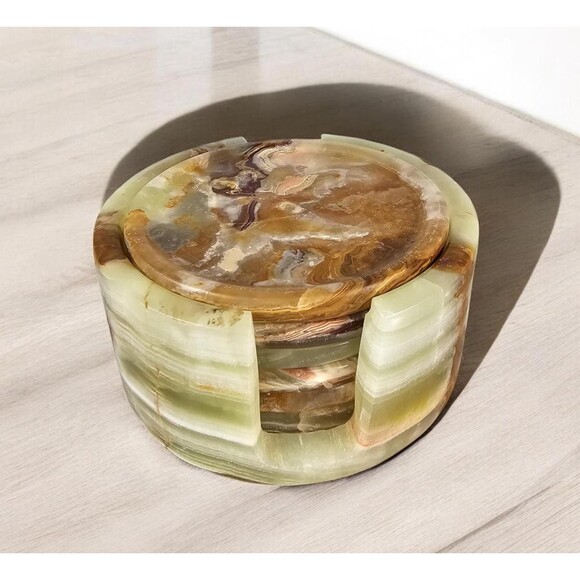 Onyx Green Coasters set with holder, tea coasters, barware coasters 3.5 inch - Picture 1 of 11